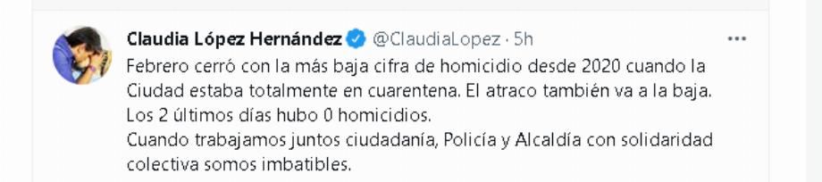 Claudia López sur le taux d'homicides à Bogotá