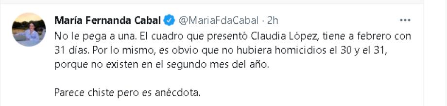 María Fernanda Cabal critique Claudia López