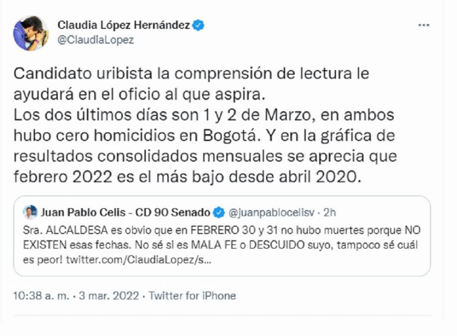Réponse de Claudia López sur Twitter à Juan Pablo Celis