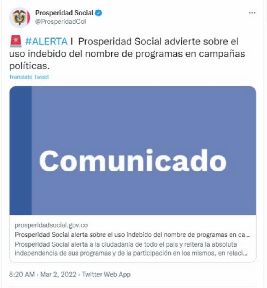 C'est ainsi que Prosperidad Social l'a publié sur ses réseaux Photo : Twitter @ProsperidadCol