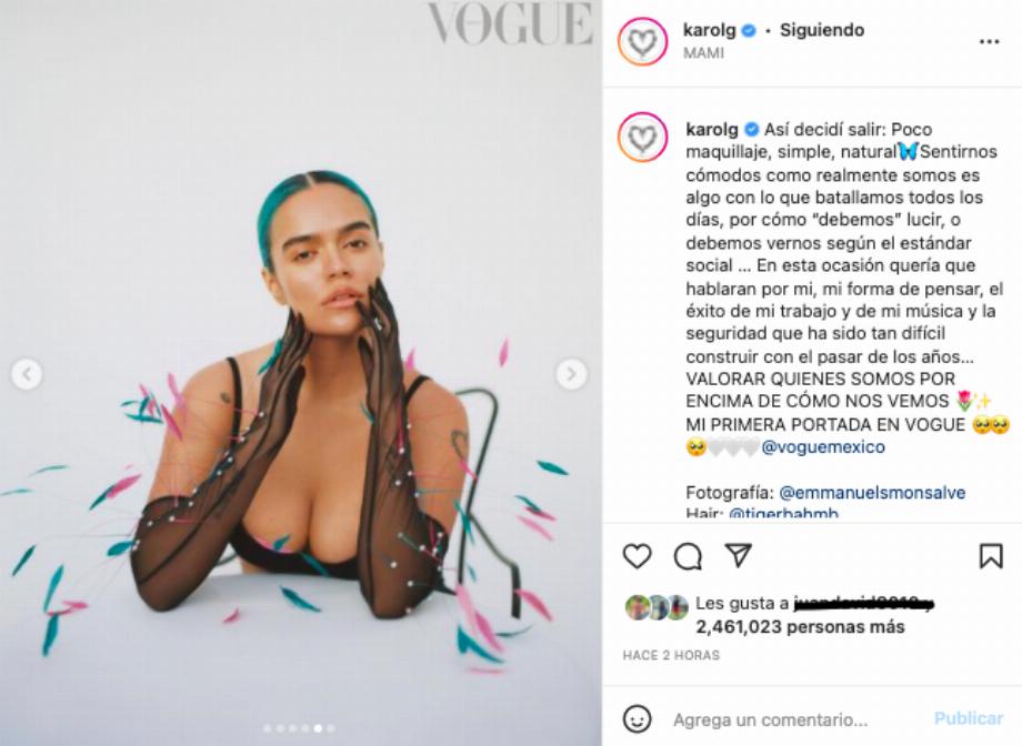 L'artiste est très enthousiasmée par son apparition sur la couverture du magazine Vogue Mexico, la remerciant pour l'opportunité qui lui a été donnée là-bas. Extrait d'Instagram @karolg