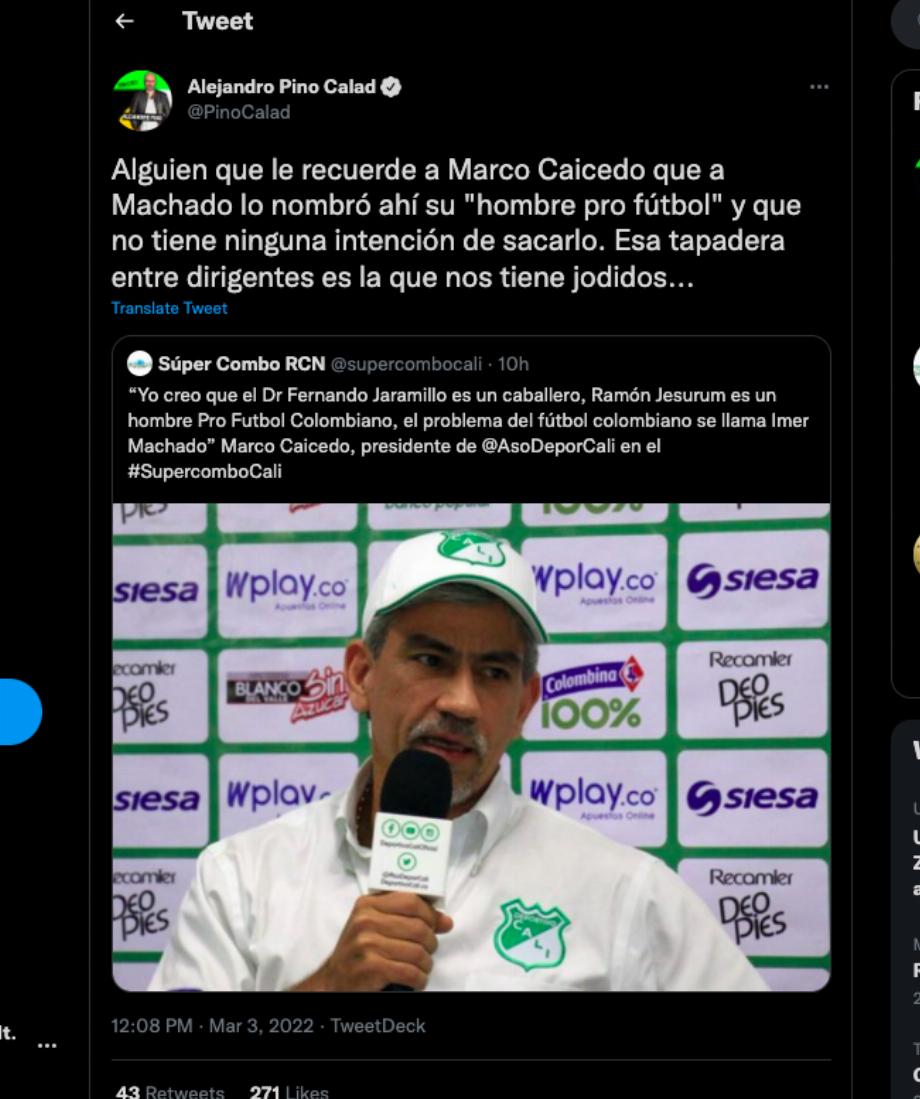 Alejandro Pino sur Marco Caicedo et ses opinions sur le football professionnel colombien / (Twitter : @PinoCalad)