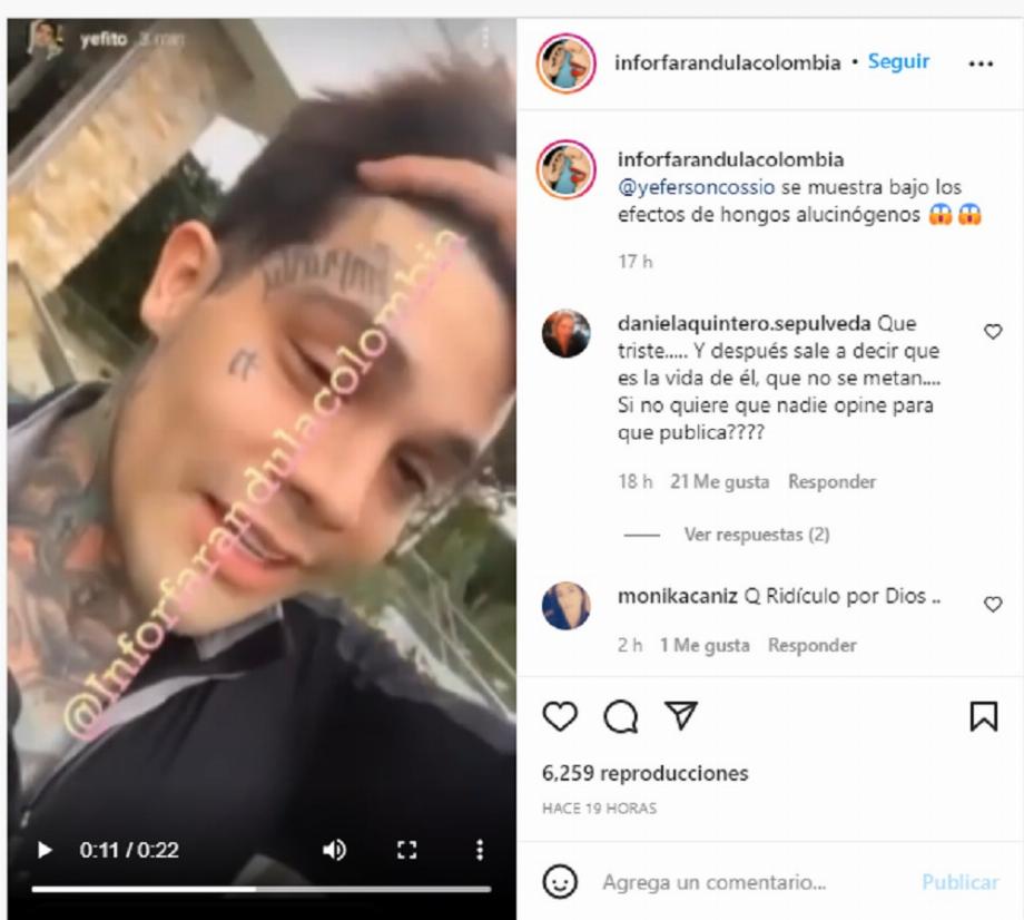 Publication de Yeferson Cossio dans les réseaux sociaux.