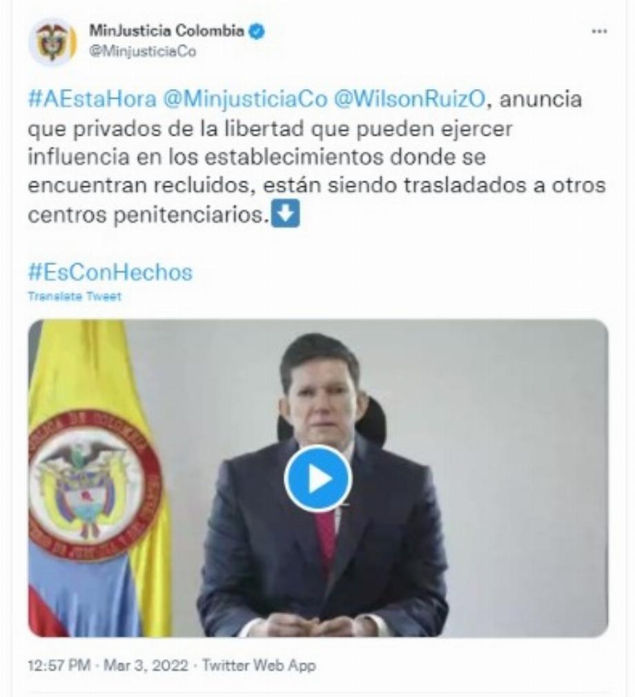 Cela a été publié sur les réseaux par le ministère de la Justice Photo : Twitter @MinjusticiaCo