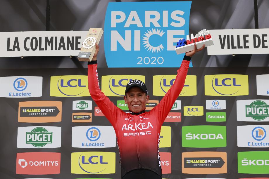 14/03/2020 14 mars 2020, France, Valdeblore la Colmiane: Le cycliste colombien Nairo Quintana de l'équipe Arkea Samsic célèbre sur le podium après avoir remporté la septième étape de la 78e édition de la course cycliste Paris-Nice 2020, 166, 5 km de Nice à Valdeblore La Colmiane.. Photo : Yuzuru Sunada/BELGE/dpa SPORTS Yuzuru Sunada/BELGE/dpa