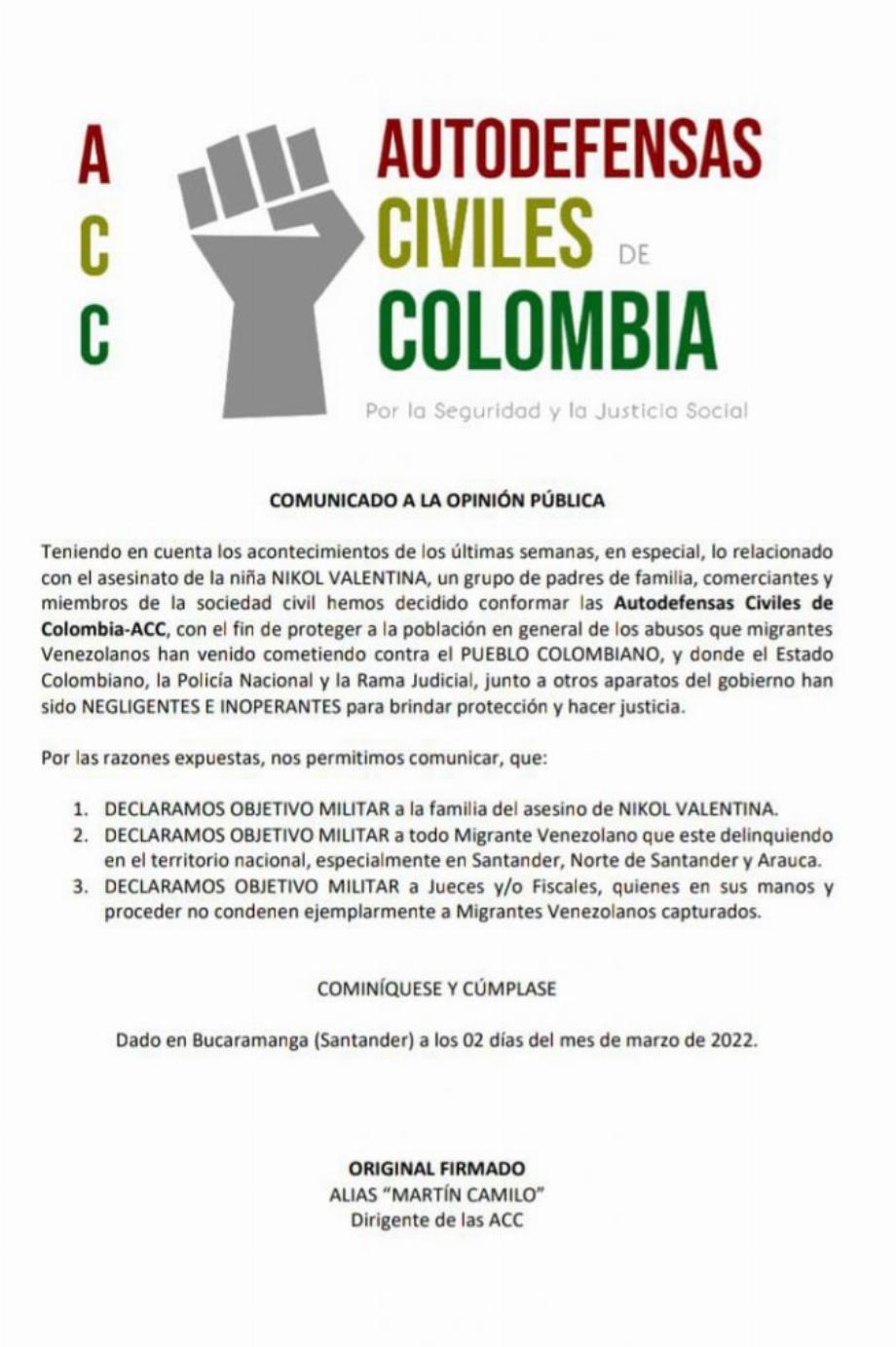 la création présumée d'un groupe paramilitaire appelé les Forces civiles d'autodéfense de Colombie est devenue connue.