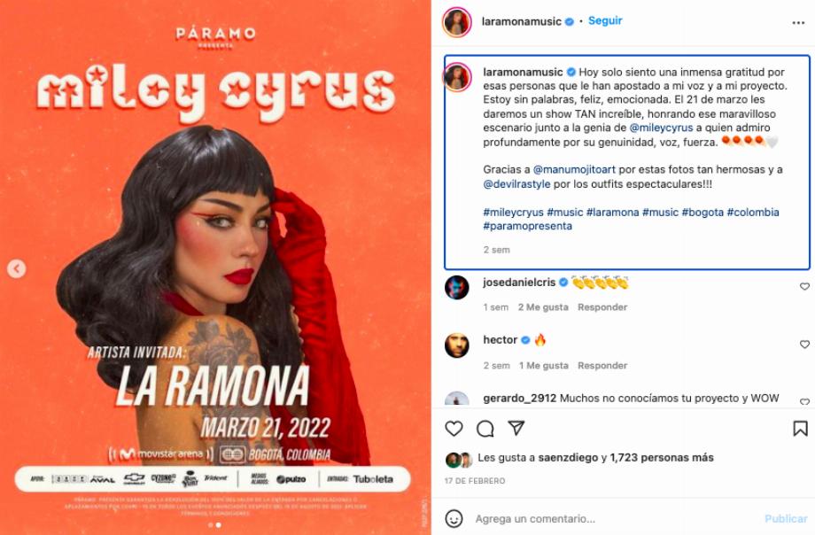 La Ramona a confirmé qu'elle ouvrirait le concert de Miley Cyrus via ses réseaux sociaux, suivant la même ligne que l'artiste américaine. Extrait d'Instagram @laramonamusic
