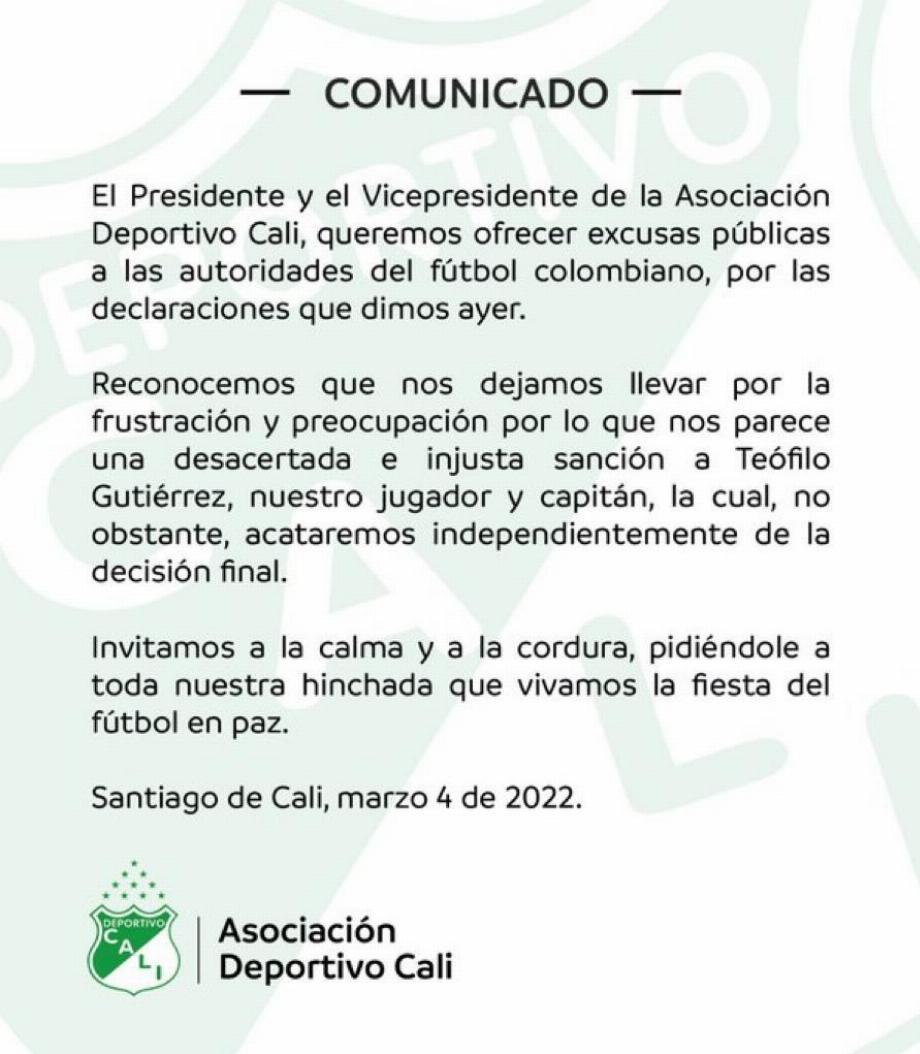 Excuses publiques du président et du vice-président du Deportivo Cali pour les déclarations concernant la sanction de Teófilo Gutiérrez / (Twitter : @AsoDeporCali)